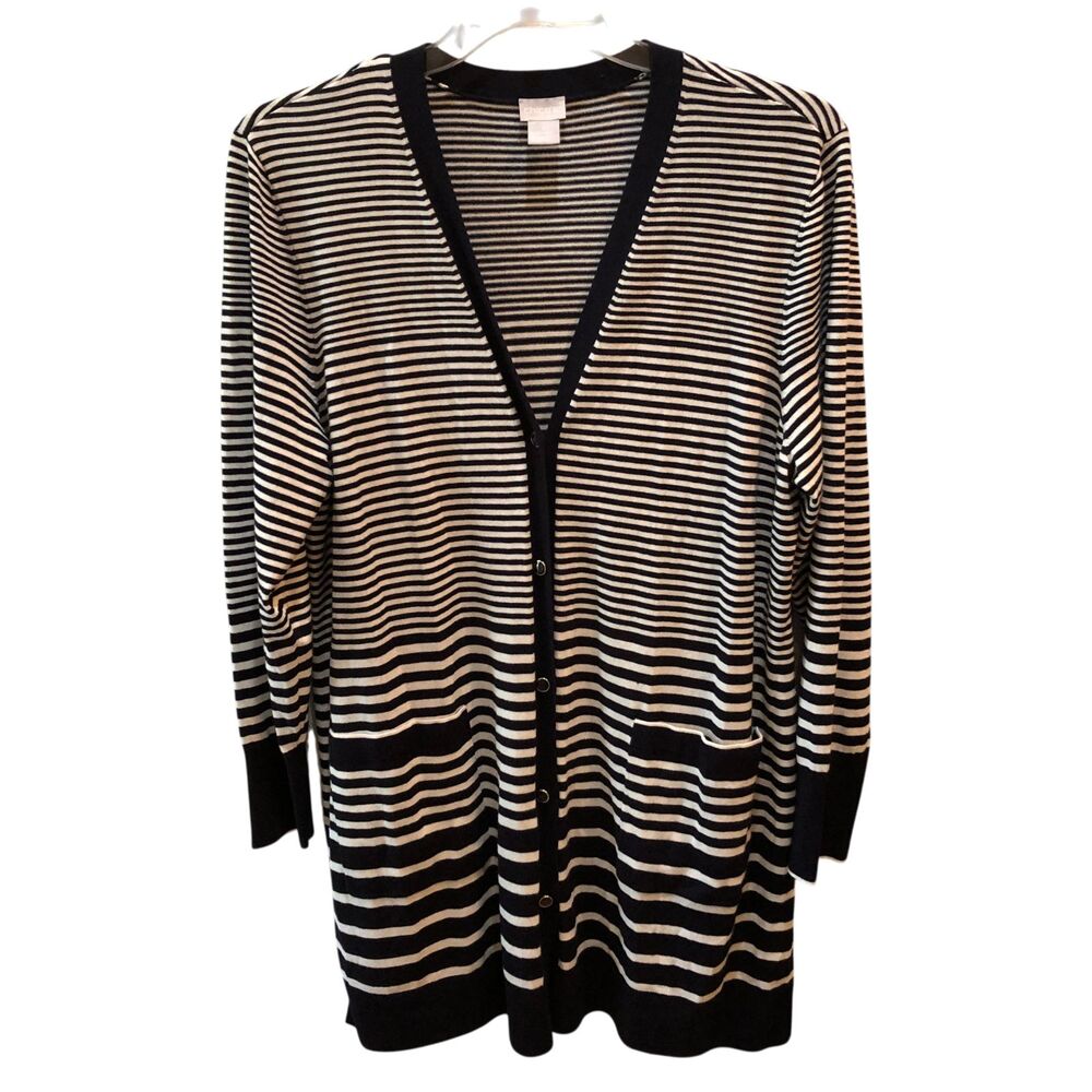 Chicos Womens XL Black White Striped Button Front Pockets Long Cardigan Sweater